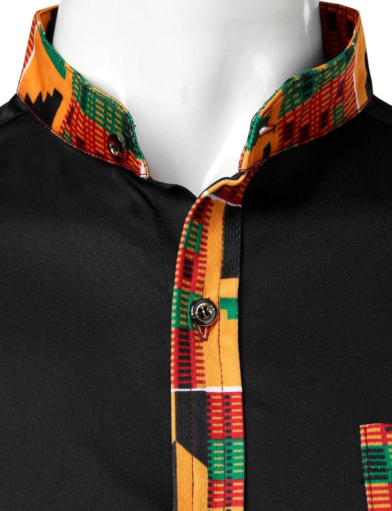 ZEROYAA Men's Hipster Patchwork Design Slim Fit Long Sleeve Button up Mandarin Collar Shirts ZZCL46 Black Medium - Image 3